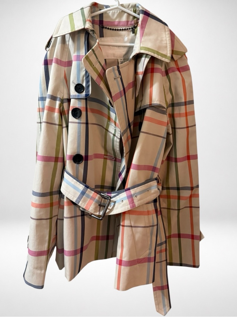 COACH Vintage Y2K Tattersall Plaid Trench Coat Multicolor Belted Size Small